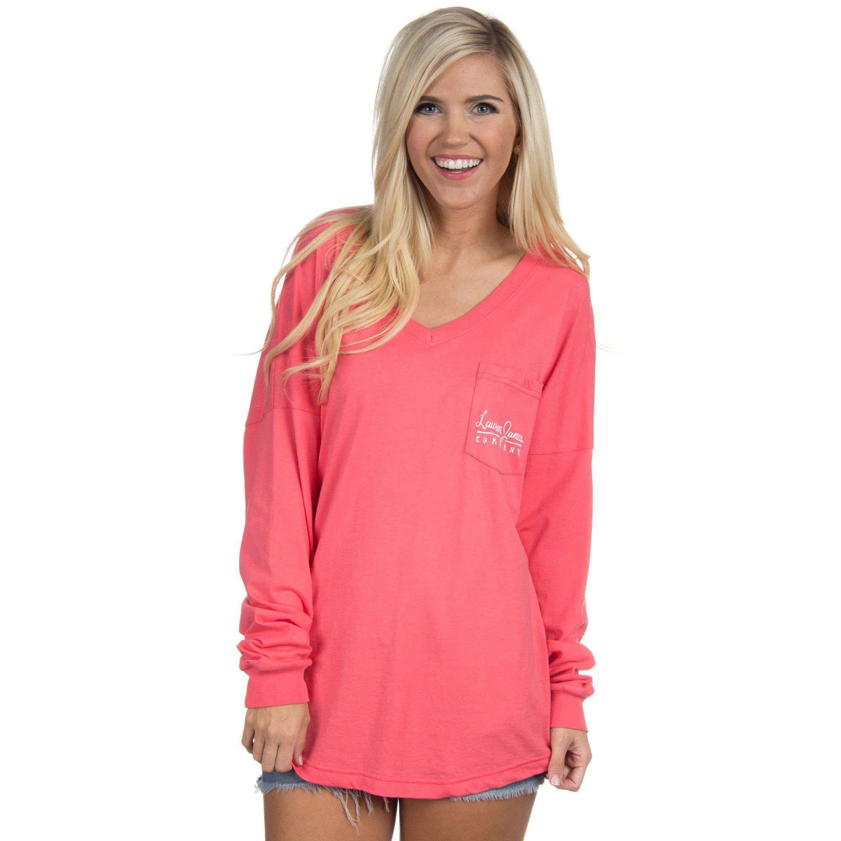 V-Neck Logo Long Sleeve Jersey in Coral by Lauren James - Country Club Prep