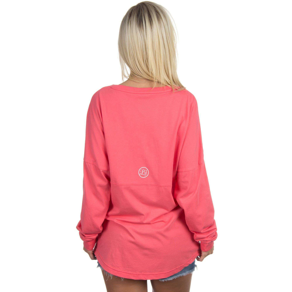 V-Neck Logo Long Sleeve Jersey in Coral by Lauren James - Country Club Prep