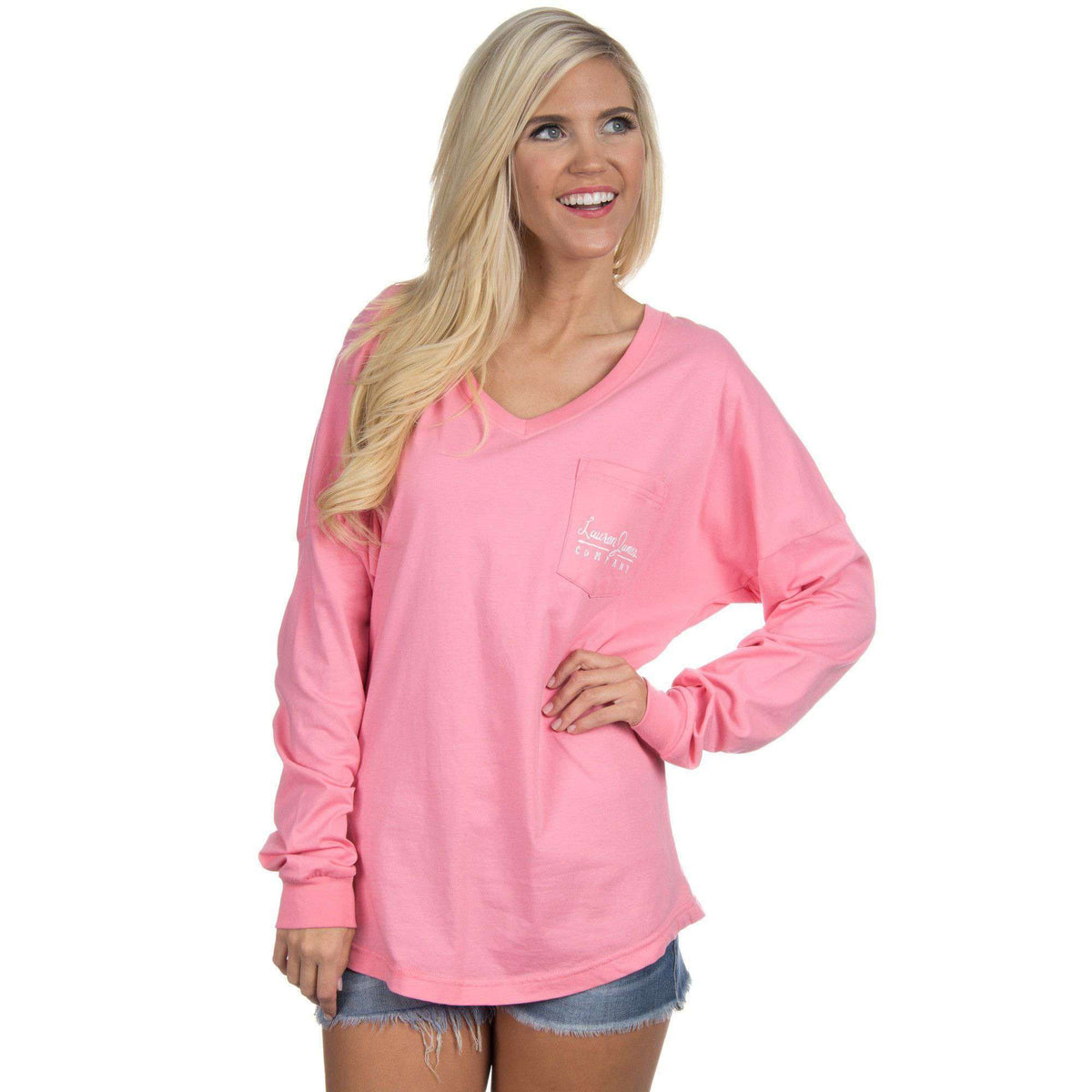 V-Neck Logo Long Sleeve Jersey in Pink by Lauren James - Country Club Prep