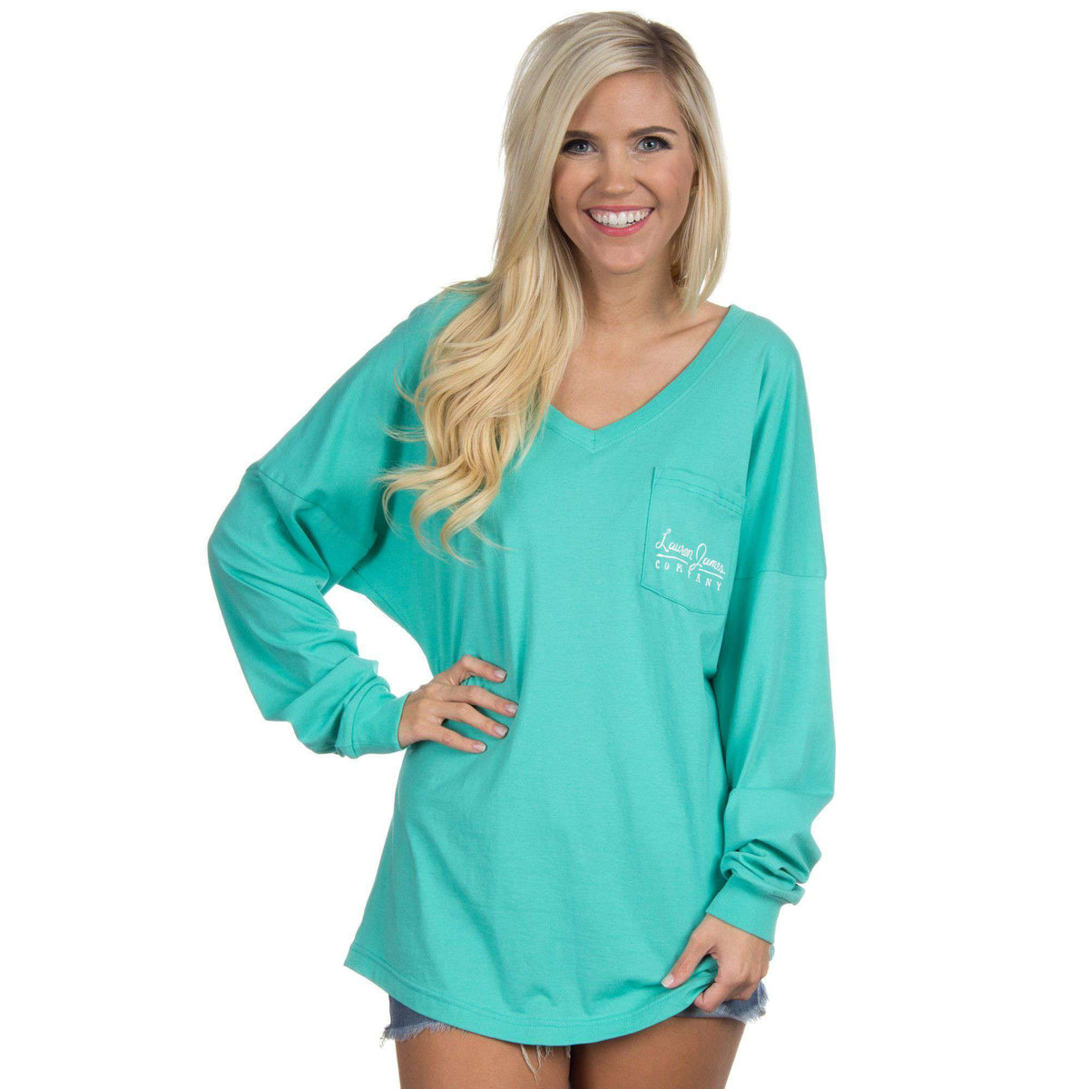 V-Neck Logo Long Sleeve Jersey in Seafoam by Lauren James - Country Club Prep