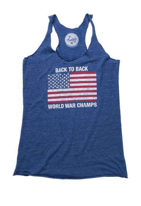 Women's Back to Back World War Champs Racerback Tank Top in Navy by Rowdy Gentleman - Country Club Prep