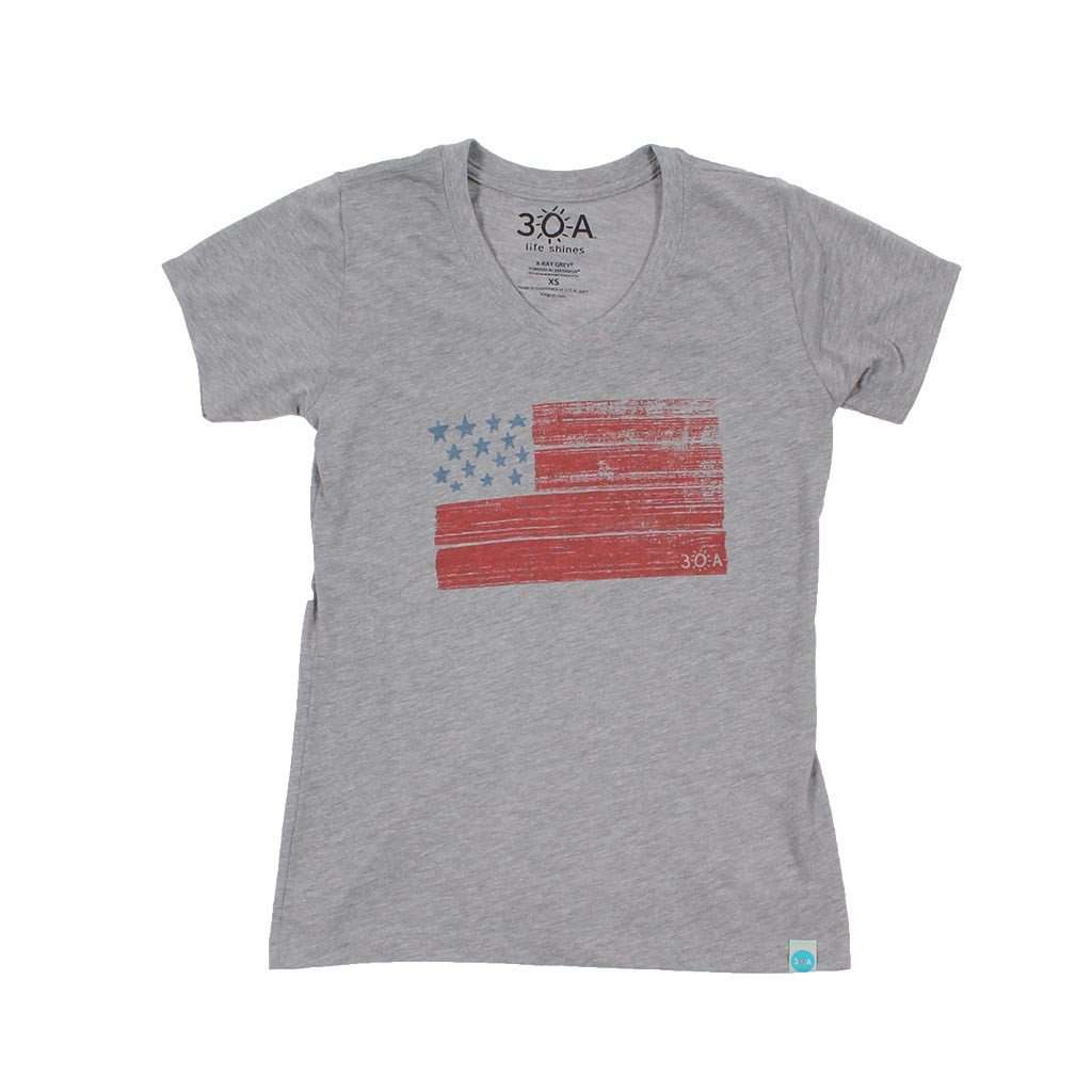 Women's USA Flag Recycled V-Neck Tee Shirt in Grey by 30A - Country Club Prep