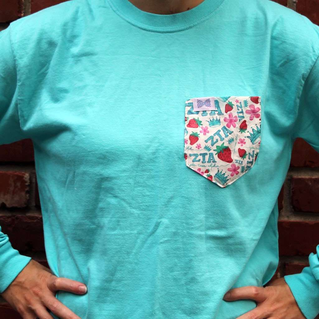 Zeta Tau Alpha Long Sleeve Tee Shirt in Lagoon Blue with Pattern Pocket by the Frat Collection - Country Club Prep
