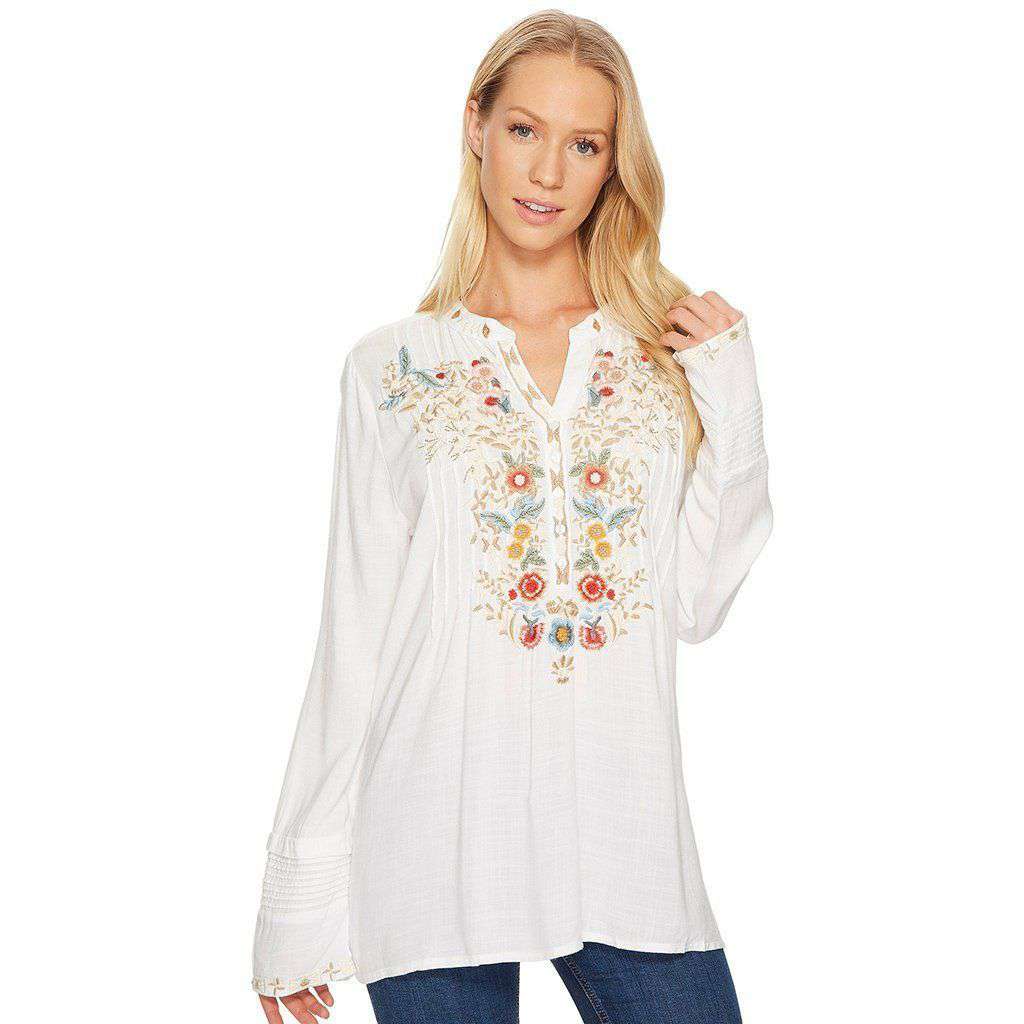 Button Tunic in Vintage White with Floral Embroidery by True Grit (Dylan) - Country Club Prep