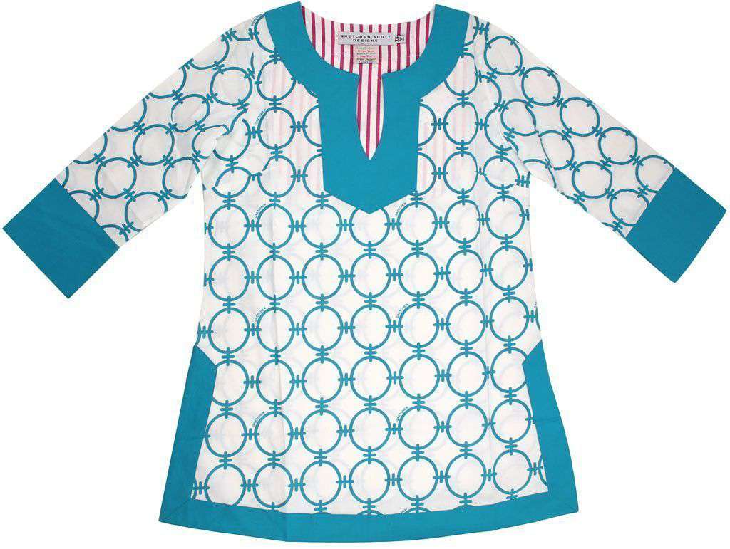Classic V-Neck Hand Printed Tunic in Turquoise Chains by Gretchen Scott Designs - Country Club Prep