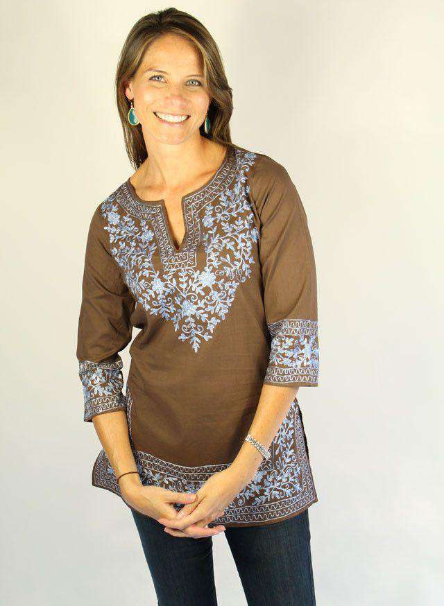 Cotton Embroidered Tunic in Brown with Light Blue by Gretchen Scott Designs - Country Club Prep