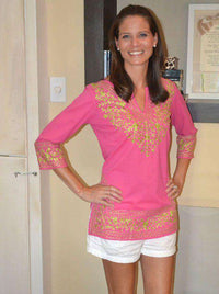 Cotton Tunic in Pink with Lime Embroidery by Gretchen Scott Designs - Country Club Prep