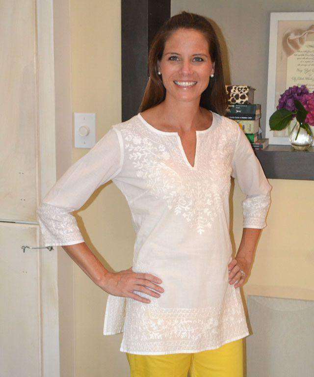 Cotton Tunic in White with White Embroidery by Gretchen Scott Designs - Country Club Prep