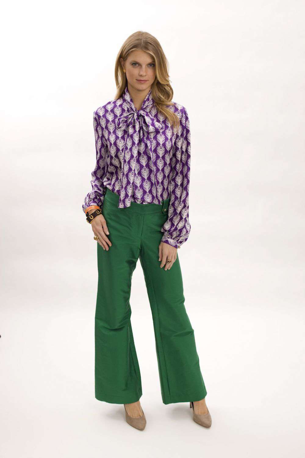 Elizabeth Long Sleeve Ruffled Blouse in Purple Peacock Silk by Elizabeth McKay - Country Club Prep