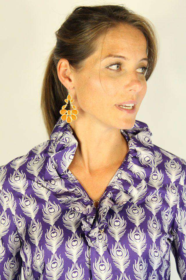 Elizabeth Long Sleeve Ruffled Blouse in Purple Peacock Silk by Elizabeth McKay - Country Club Prep