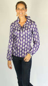 Elizabeth Long Sleeve Ruffled Blouse in Purple Peacock Silk by Elizabeth McKay - Country Club Prep