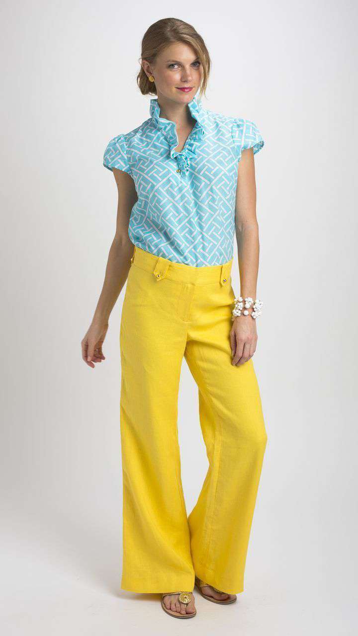 Elizabeth Ruffled Blouse in Eden Turquoise by Elizabeth McKay - Country Club Prep