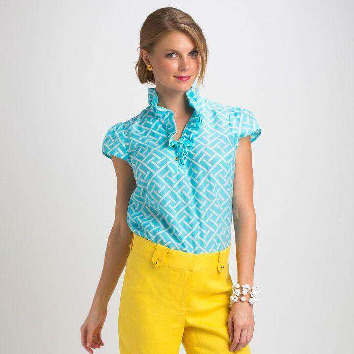 Elizabeth Ruffled Blouse in Eden Turquoise by Elizabeth McKay - Country Club Prep