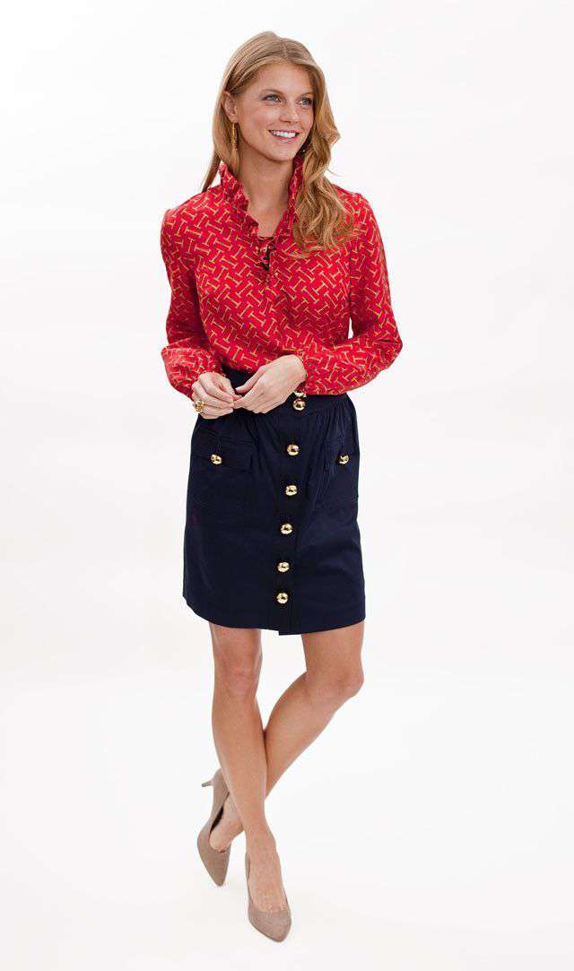 Elizabeth Ruffled Blouse in Red Bit Print Silk by Elizabeth McKay - Country Club Prep