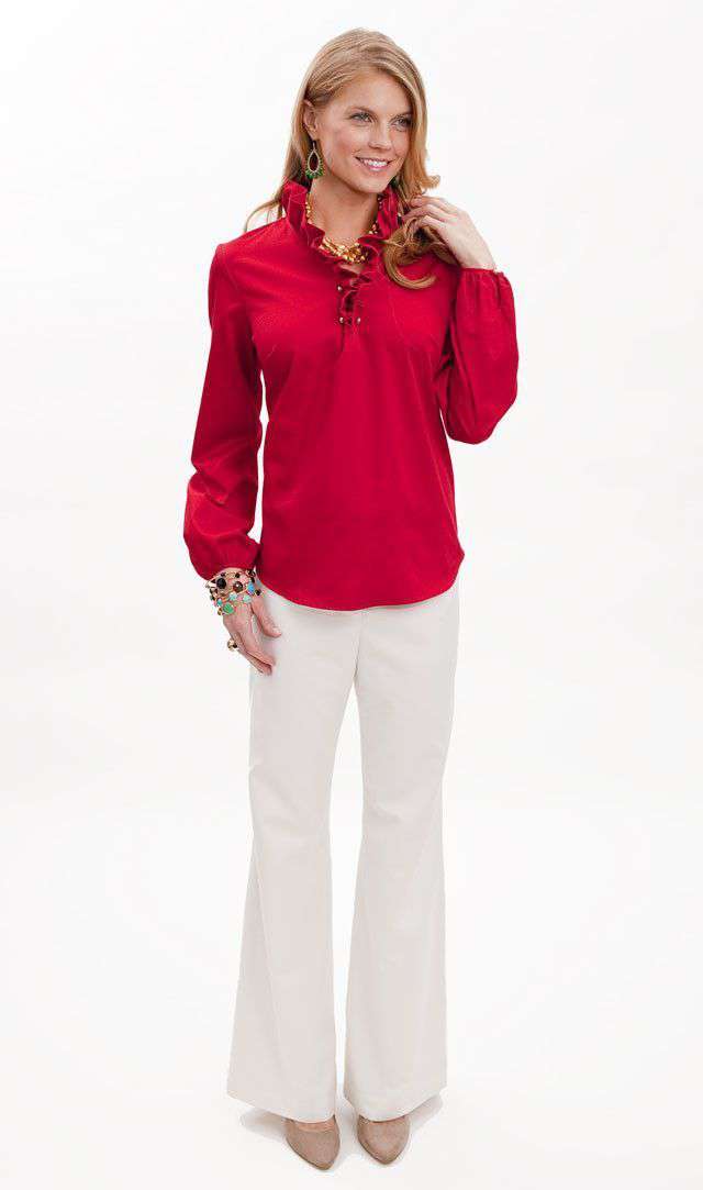 Elizabeth Ruffled Blouse in Red Solid by Elizabeth McKay - Country Club Prep