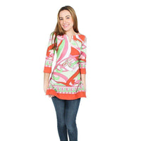 Engineered Knit Slit Neck Tunic in Isabelle Coral and Lime by Barbara Gerwit - Country Club Prep