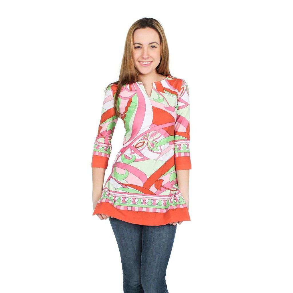 Engineered Knit Slit Neck Tunic in Isabelle Coral and Lime by Barbara Gerwit - Country Club Prep