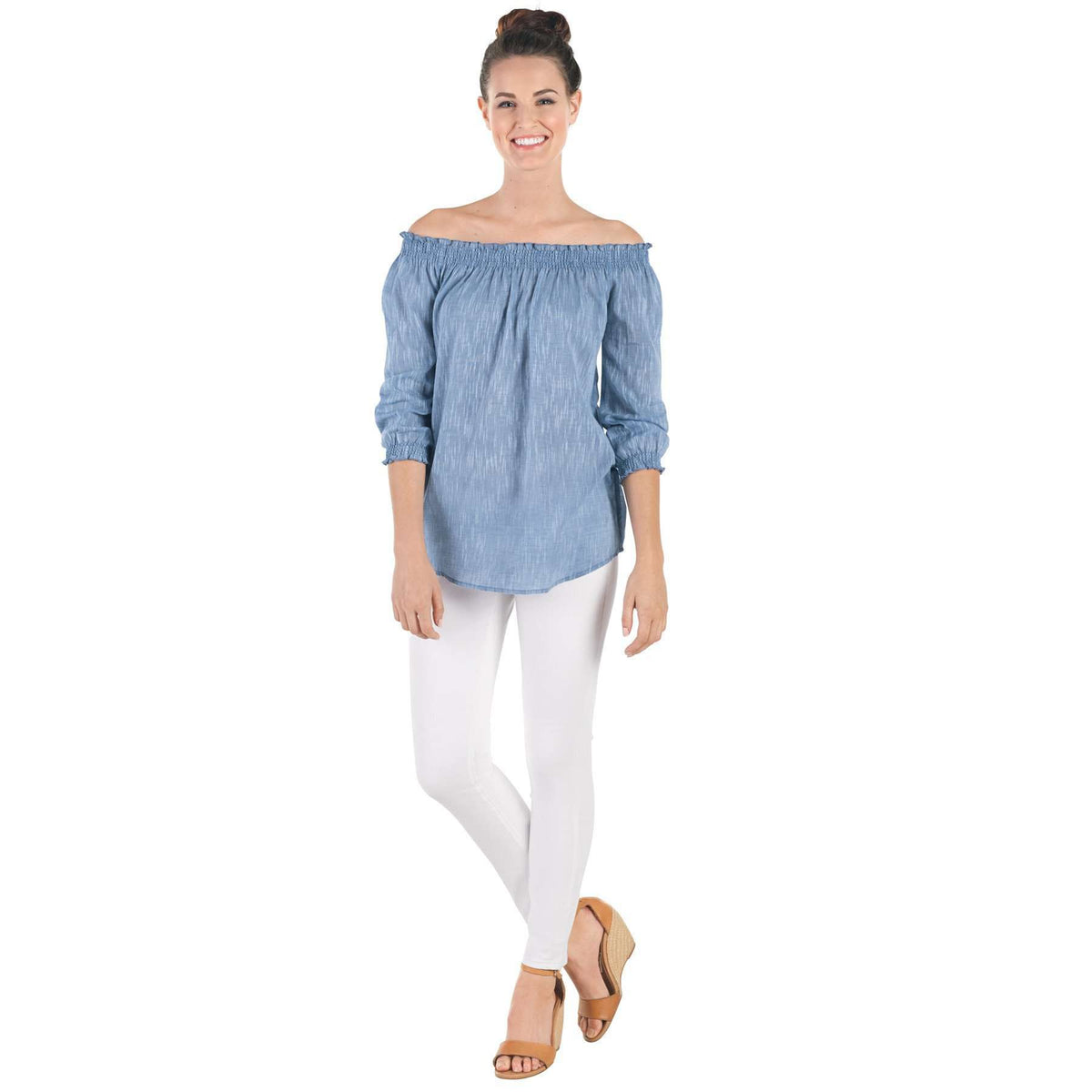 Foster Off the Shoulder Top in Chambray by Mud Pie - Country Club Prep