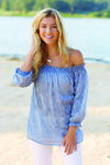Foster Off the Shoulder Top in Chambray by Mud Pie - Country Club Prep