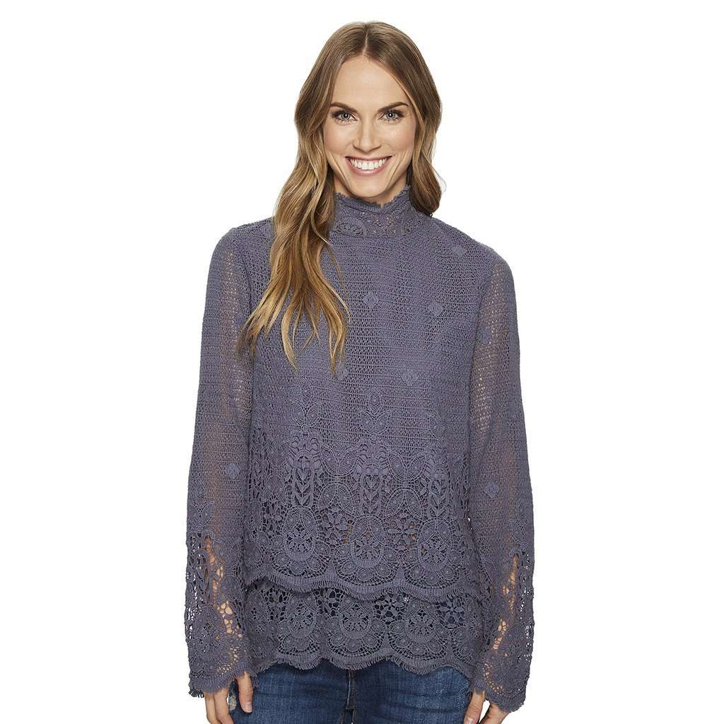 Fringed Crochet Long Sleeve Double Layer Pullover in Carbon by True Grit (Dylan) - Country Club Prep