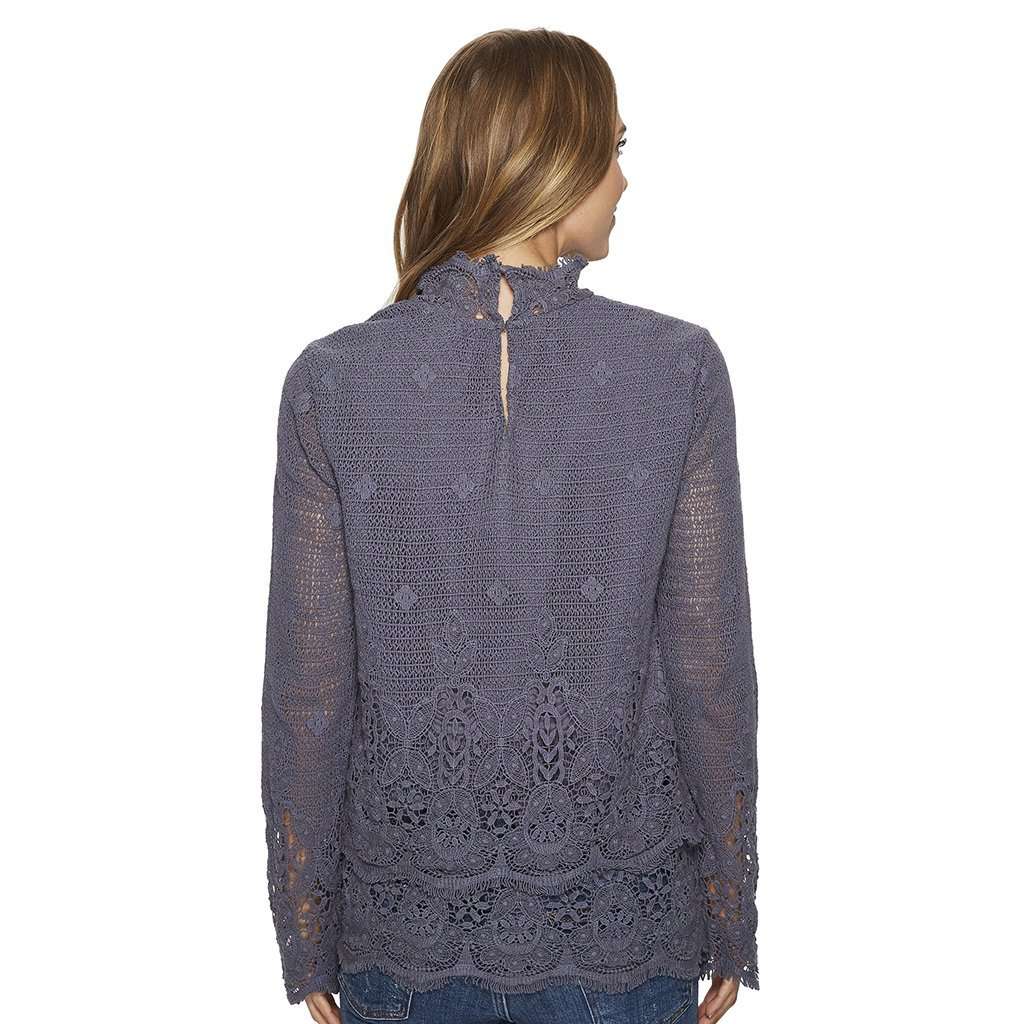 Fringed Crochet Long Sleeve Double Layer Pullover in Carbon by True Grit (Dylan) - Country Club Prep