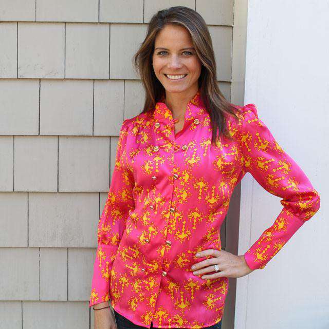 Long Sleeve Worth It Blouse in Orange Chandelier Silk Charmuse by Lissa Mar - Country Club Prep
