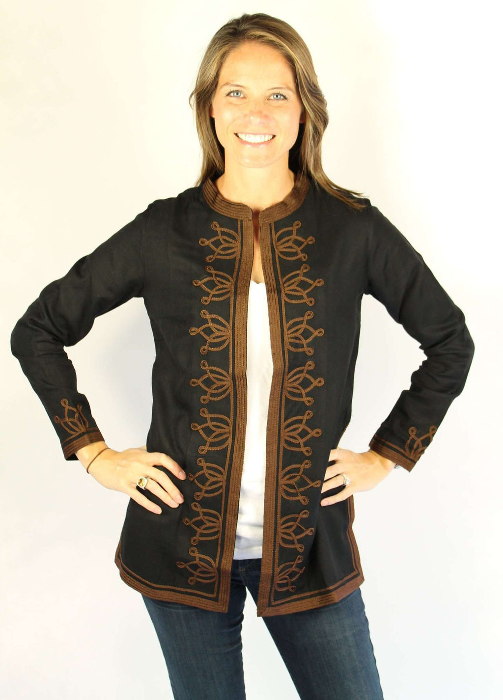 Pashmina Viscose Moroccan Jacket in Black with Brown by Gretchen Scott ...
