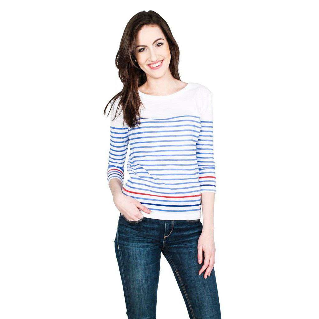 Striped Long Sleeve Slub Tee in Caribbean Blue and Red by Hiho - Country Club Prep