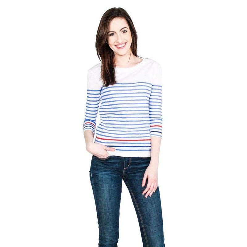 Striped Long Sleeve Slub Tee in Caribbean Blue and Red by Hiho - Country Club Prep