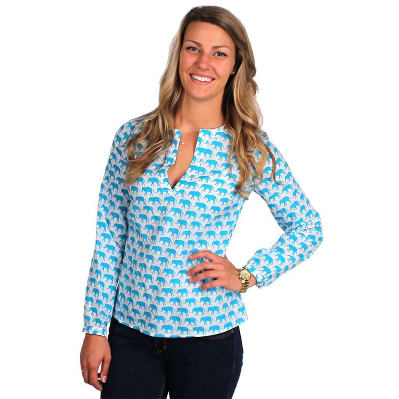The Beach Blouse with Elephants in Turquoise by Elizabeth McKay - Country Club Prep