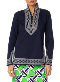 TSD Tunic in Navy with Light Blue Embroidery by Elizabeth McKay - Country Club Prep