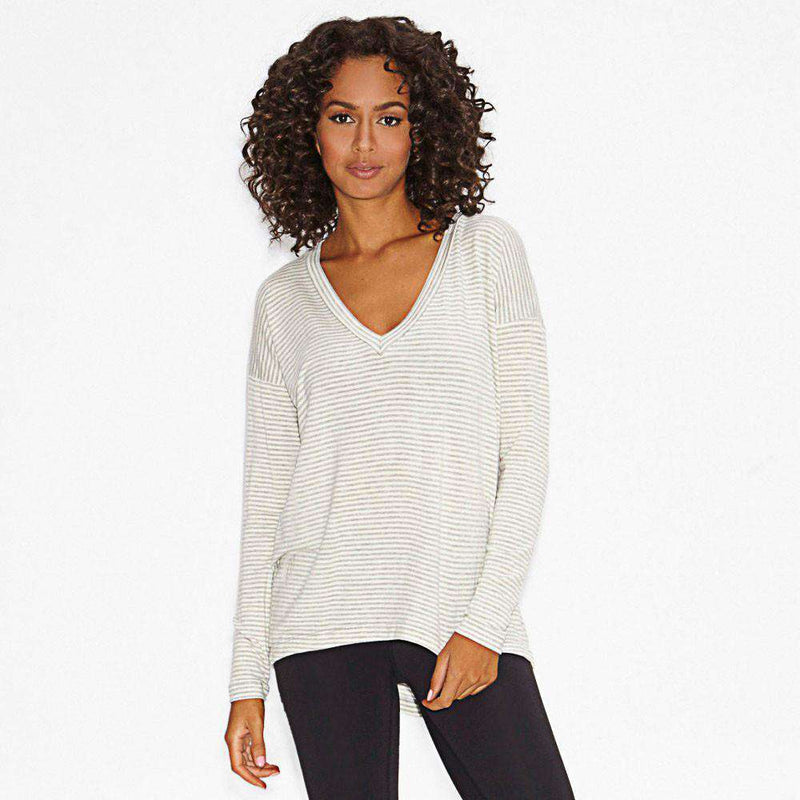 Virtuous V-Neck Pullover in Light Grey Stripes by Beyond Yoga - Country Club Prep