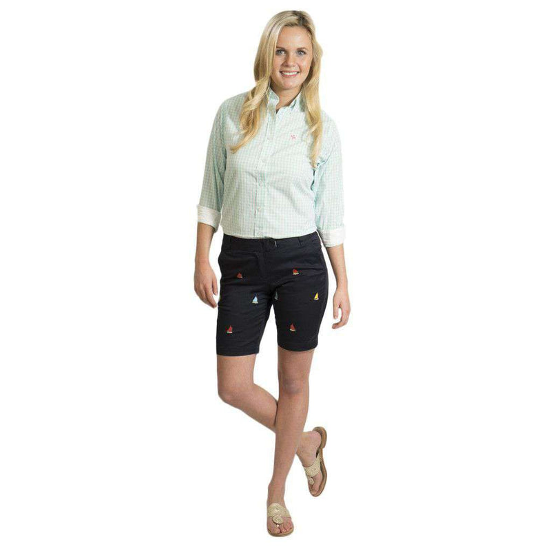 Women's Bermuda Short in Nantucket Navy with Embroidered Rainbow Fleet by Castaway Clothing - Country Club Prep