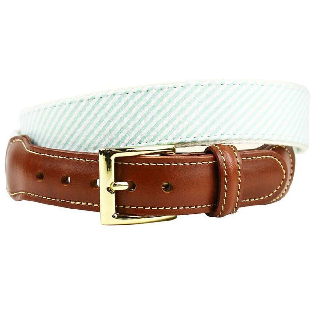 Seersucker Leather Tab Belt in Palm Teal Green by Country Club Prep - Country Club Prep